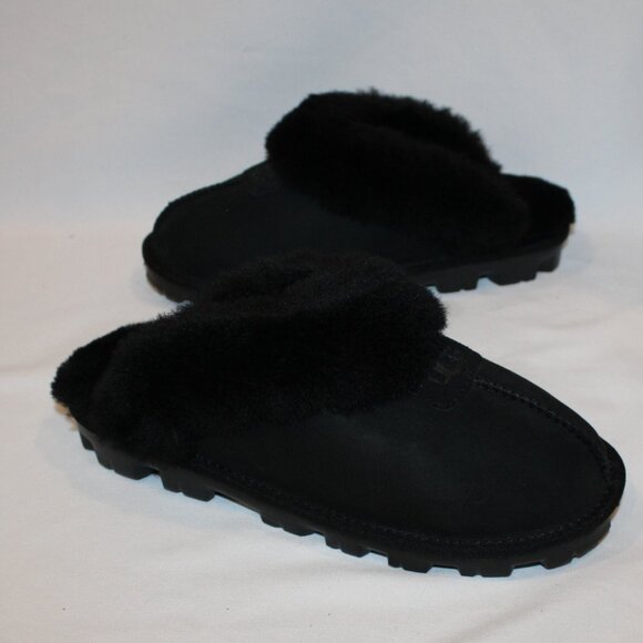 NIB UGG WOMEN'S COQUETTE BLACK SUEDE SHEARLING LINED SLIPPERS‎ 9 - Picture 1 of 6